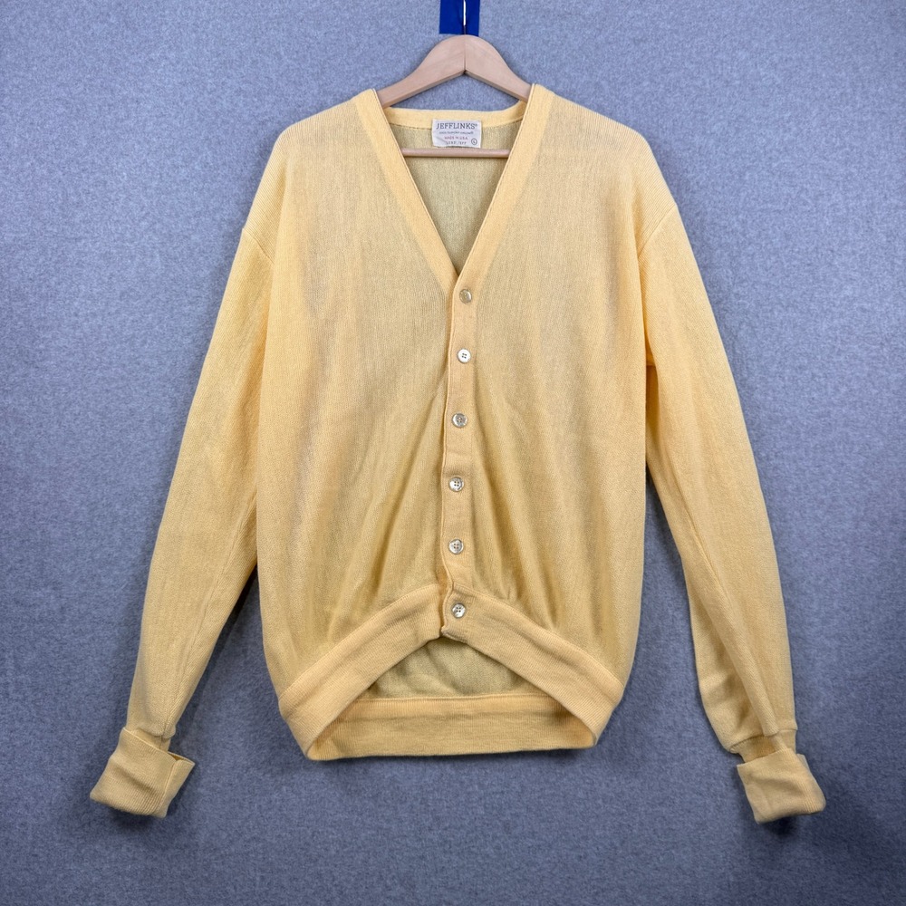 Vintage Lord Jeff Jefflinks Cardigan Mens Large Yellow Orlon V Neck USA Grandpa
